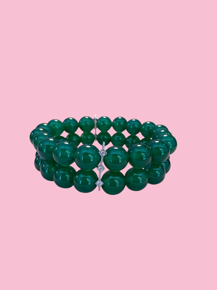 Bracciale Bisette - 2 file agata verde con barrette argento 925  e zirconi
