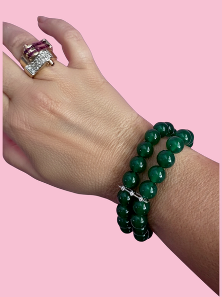 Bracciale Bisette - 2 file agata verde con barrette argento 925  e zirconi