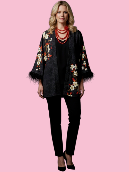 flower Kimono  - giacchina Kimono con piume struzzo