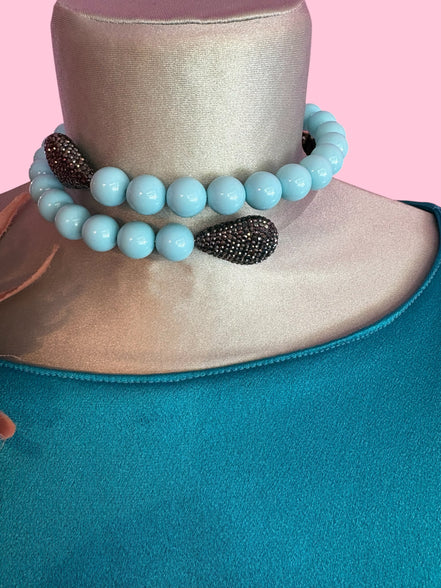 INCANTEVOLE -  OCEANO Chocker flessibile turchese 1.2 contrarié con terminali gocce marcassite