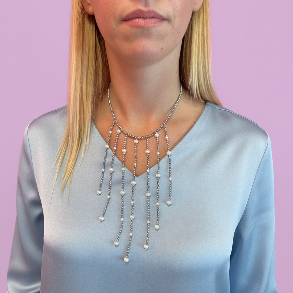 Collana Haute Couture a Frange – Ematite, Perle e Argento 925