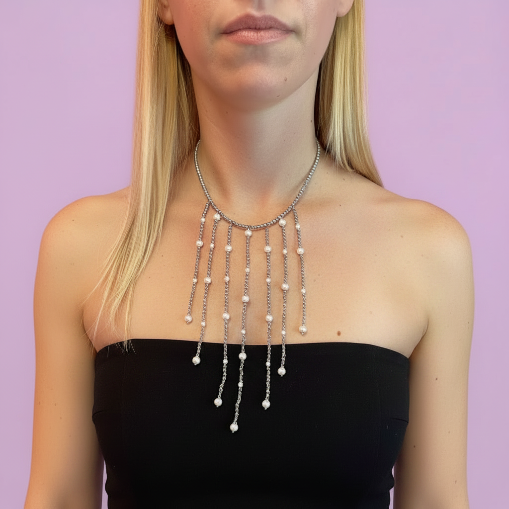 Collana Haute Couture a Frange – Ematite, Perle e Argento 925