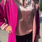 Wu Ming - Cardigan Bomber in crêpe fucsia e interno raso rosa