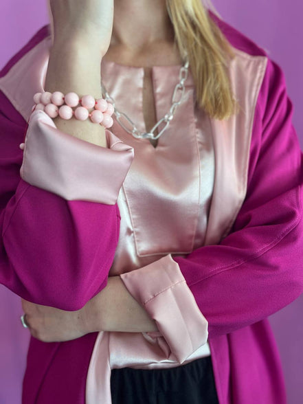 Wu Ming - Cardigan Bomber in crêpe fucsia e interno raso rosa