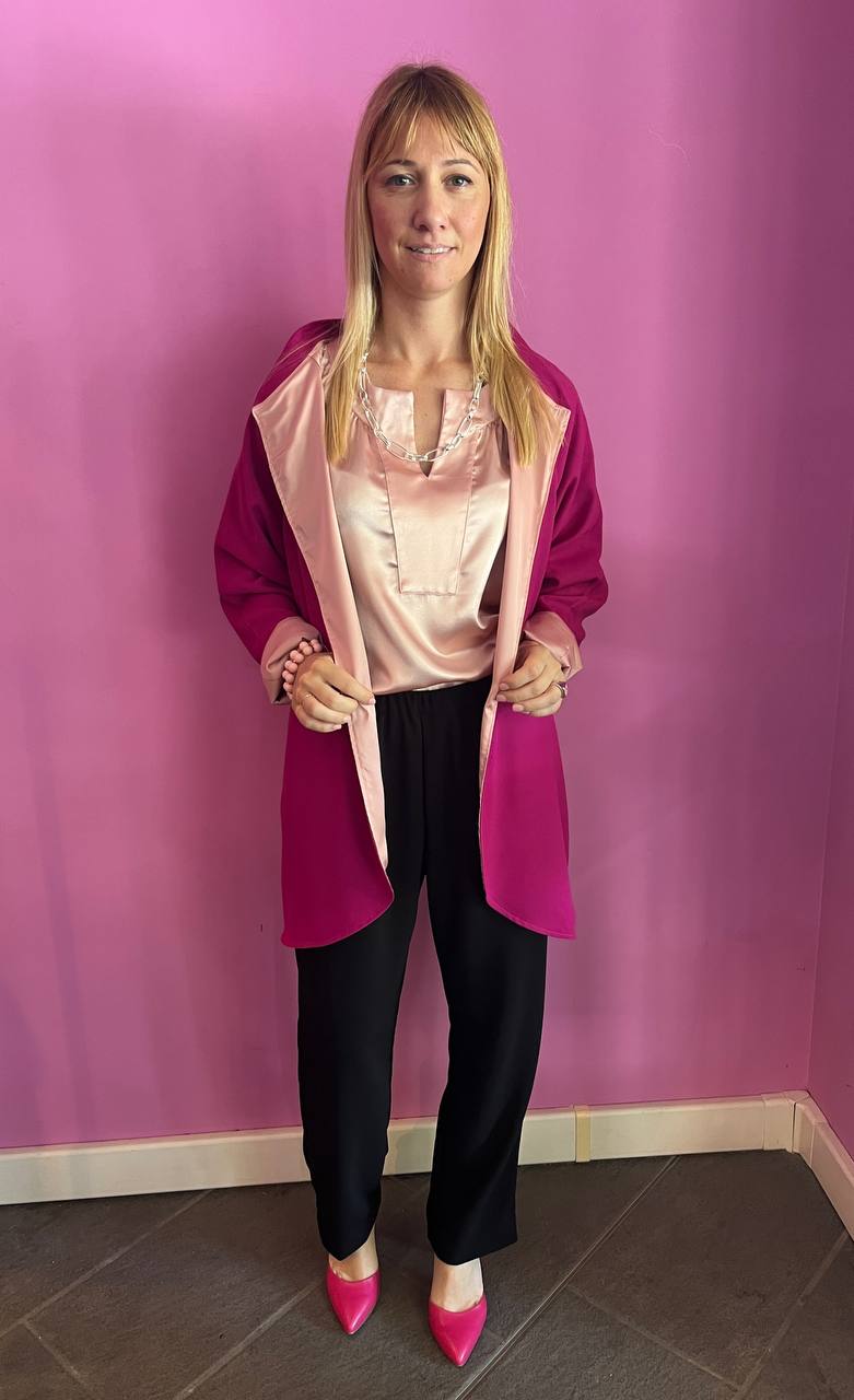 Wu Ming - Cardigan Bomber in crêpe fucsia e interno raso rosa