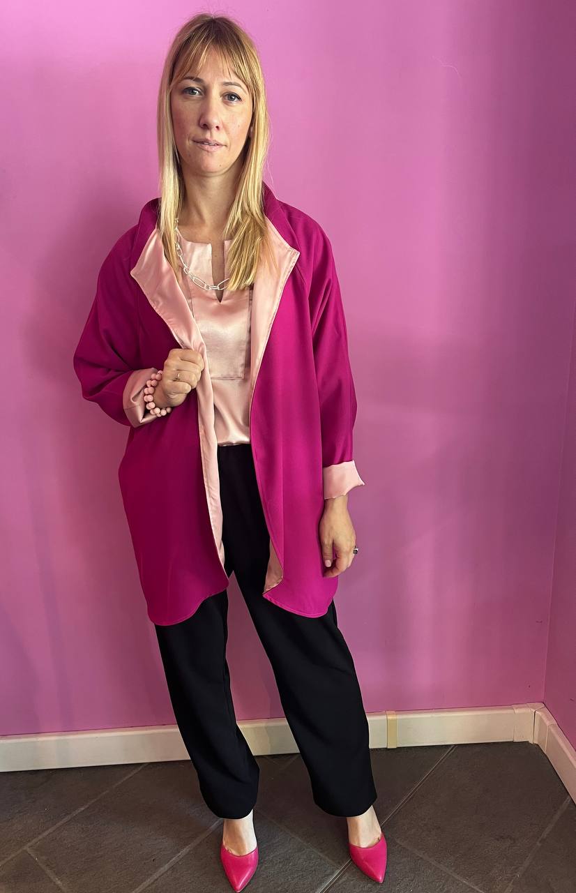 Wu Ming - Cardigan Bomber in crêpe fucsia e interno raso rosa