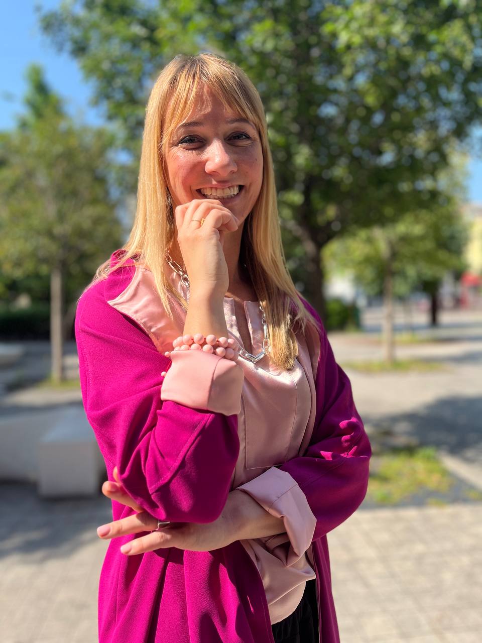 Wu Ming - Cardigan Bomber in crêpe fucsia e interno raso rosa