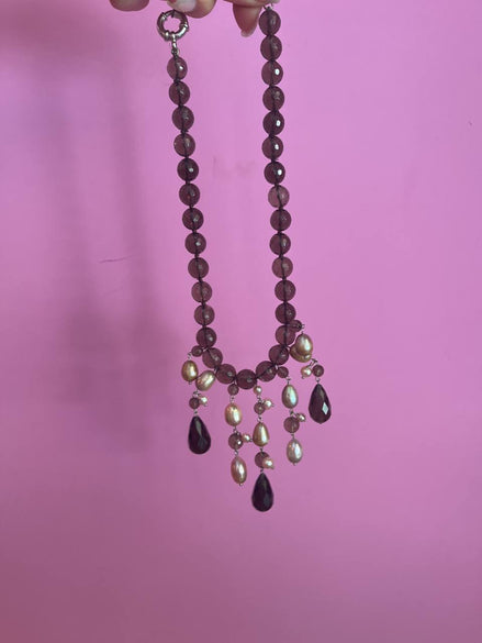 Collana CASCATA topazio fumé e perle coltivate