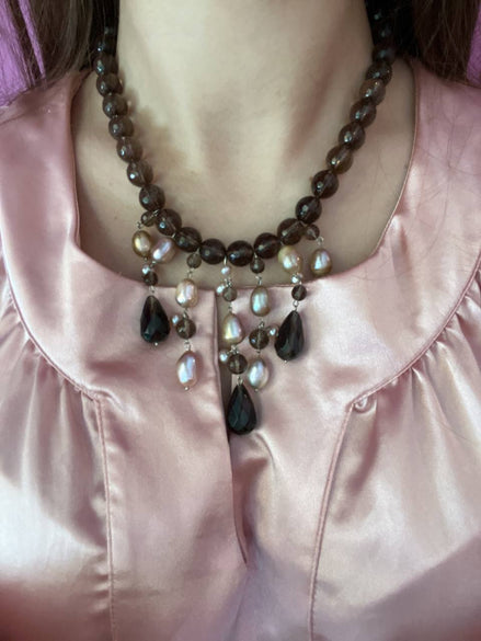 Collana CASCATA topazio fumé e perle coltivate