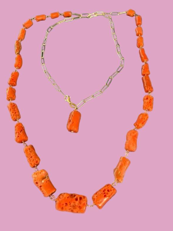 Collezione Mediterranea - Collana corallo rosso e catena rettangolare argento rosé