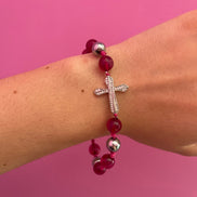 NODINI - Bracciale con giada fucsia e croce