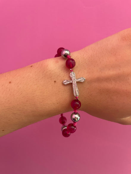 NODINI - Bracciale con giada fucsia e croce