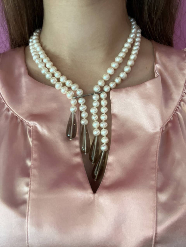 LILY - Collana 2 fili perle coltivate e gocce topazio fumé