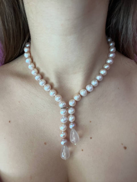 LILY Collana con perle rosa e gocce di quarzo rosa
