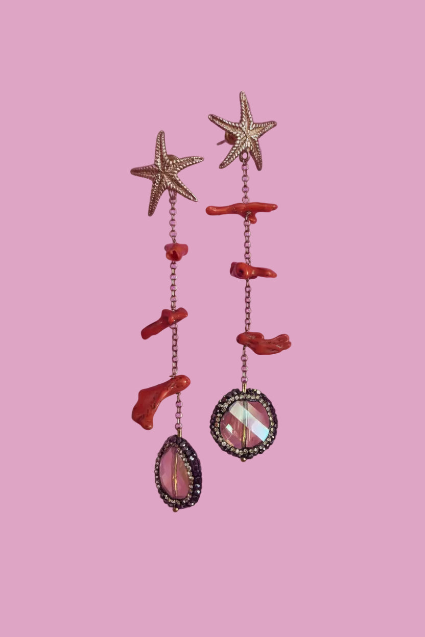 Collezione mediterranea - Orecchini stella marina corallo rosso e marcasite