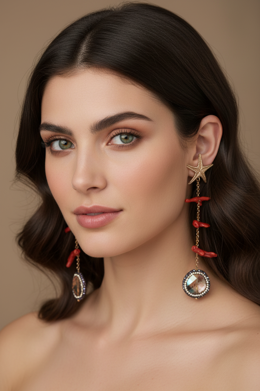 Collezione mediterranea - Orecchini stella marina corallo rosso e marcasite