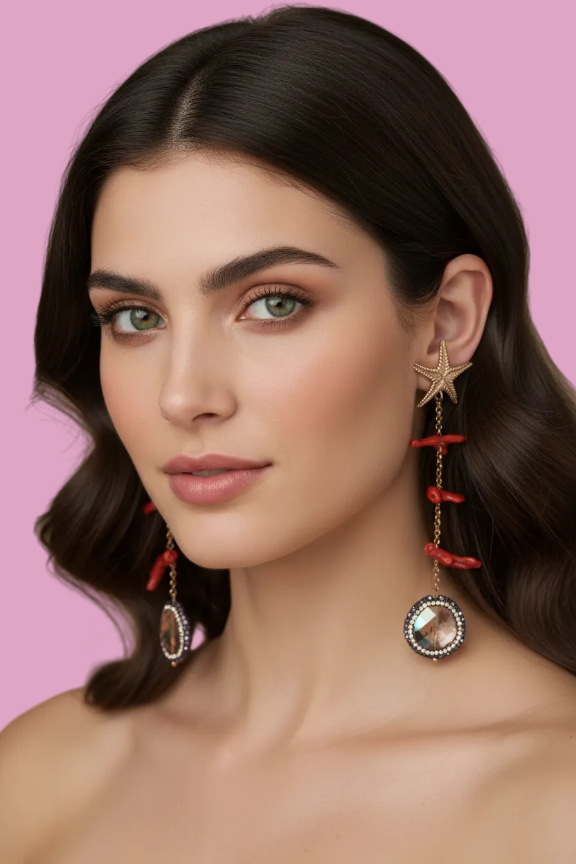 Collezione mediterranea - Orecchini stella marina corallo rosso e marcasite