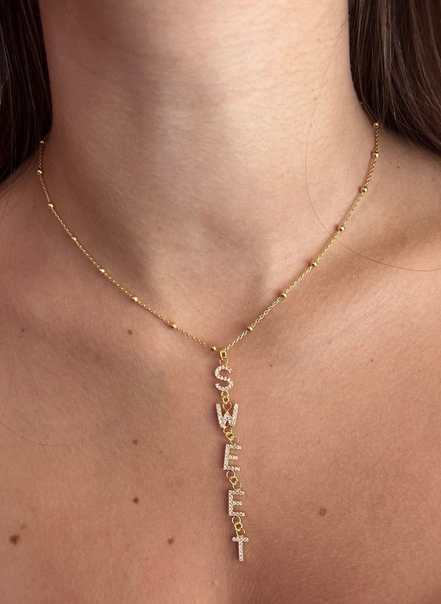 COLLIER CON CHARMS LETTERE VERTICALI Argento 925 Placcato Oro 18kt & Zirconi Scintillanti