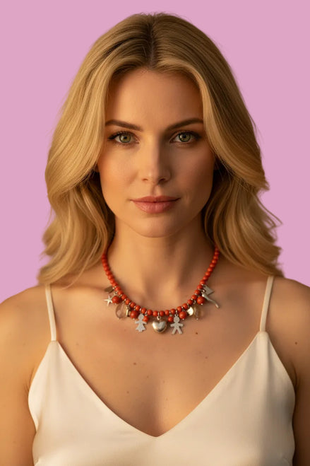 MEDITERRANEA Collier corallo rosso con ciondoli argento 925 rodio