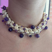 Choker / Collana Couture Collezione Intreccio (132 cm) in Seta Écru, Ametista, Argento 925 e Murrine