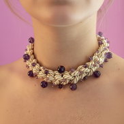 Choker / Collana Couture Collezione Intreccio (132 cm) in Seta Écru, Ametista, Argento 925 e Murrine