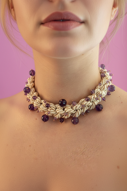 Choker / Collana Couture Collezione Intreccio (132 cm) in Seta Écru, Ametista, Argento 925 e Murrine