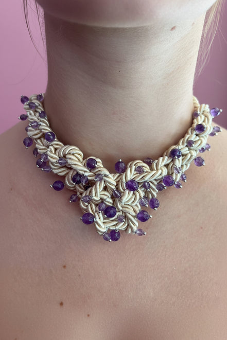 Choker Couture Collezione Intreccio in Seta Écru, Ametista, Argento 925 e Murrina