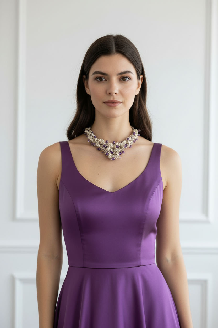 Choker Couture Collezione Intreccio in Seta Écru, Ametista, Argento 925 e Murrina