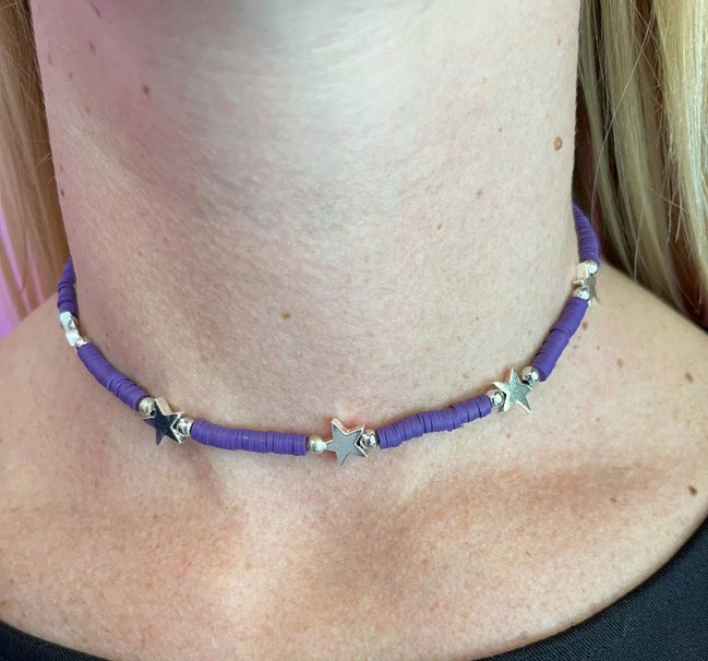 Collier rondelle viola con stelle rodio
