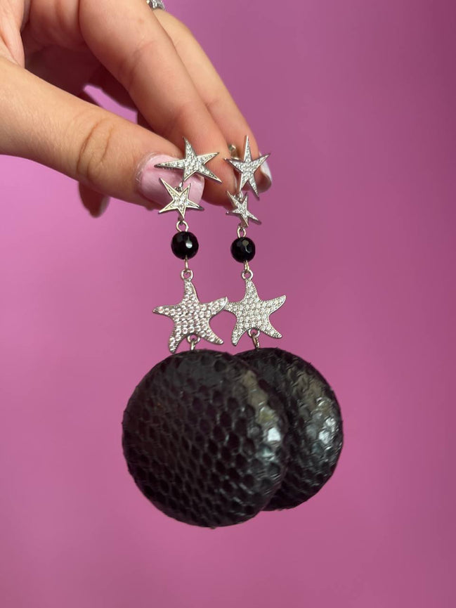 Orecchini pitone naturale nero e stelle con zirconi