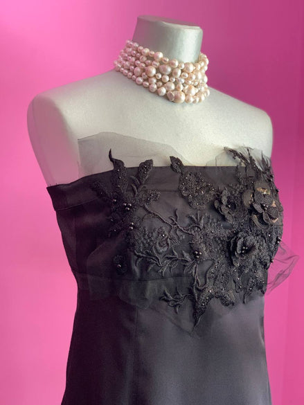 Jane Austen - Abito Bustier in raso nero con decorazione ricamo