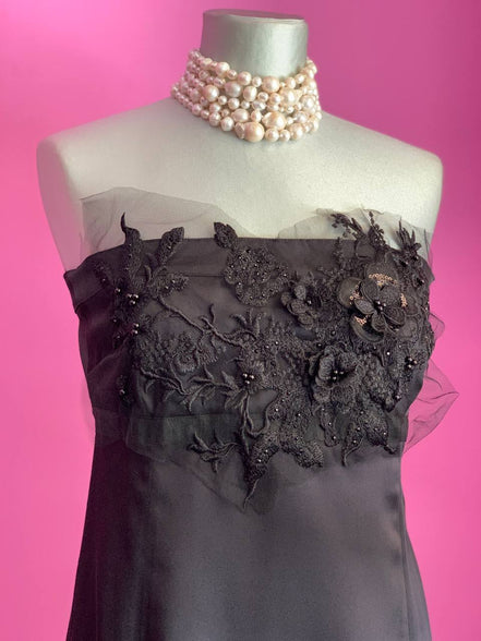 Jane Austen - Abito Bustier in raso nero con decorazione ricamo