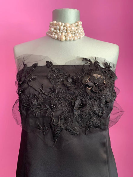 Jane Austen - Abito Bustier in raso nero con decorazione ricamo
