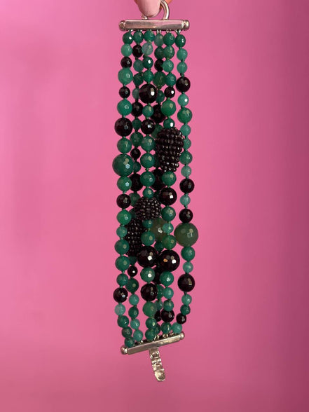 Bracciale multifili - 6 file - agata verde brasiliana, spinello nero precius cut e onice