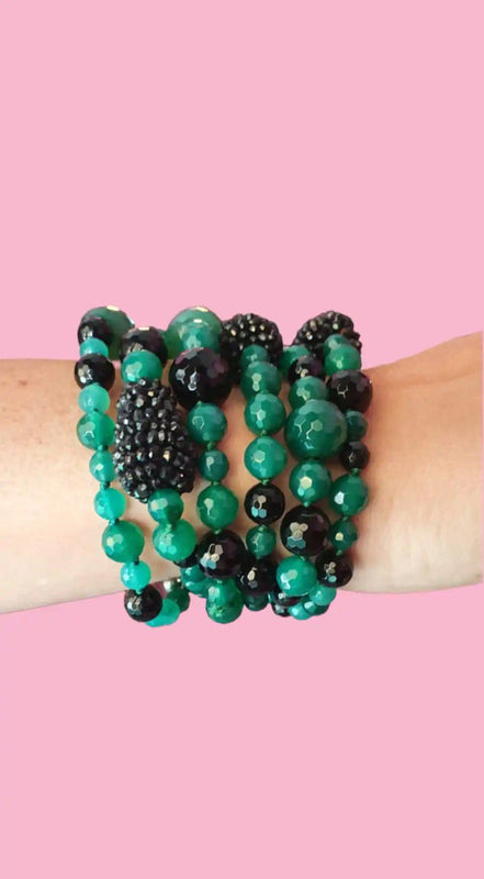 Bracciale multifili - 6 file - agata verde brasiliana, spinello nero precius cut e onice