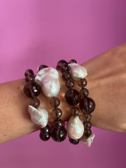 Bracciale multifili - 4 file - perle coltivate barocche e topazio fumè