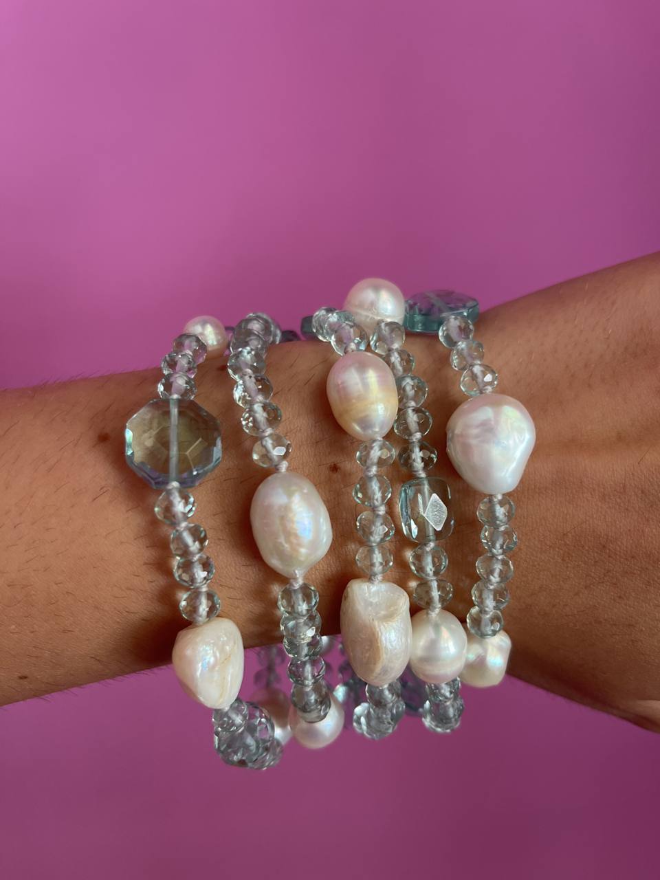 Bracciale multifili - 5 file - topazio azzurro e perle coltivate bianche