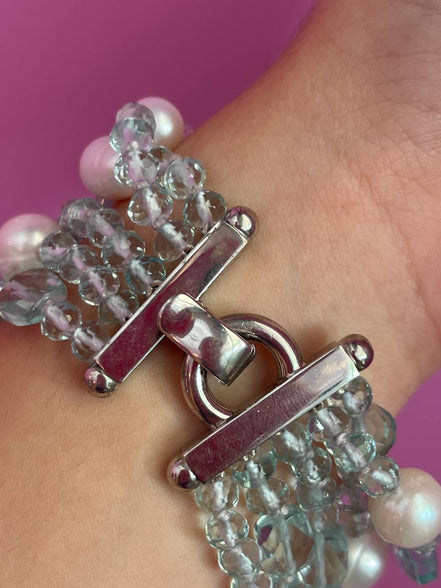 Bracciale multifili - 5 file - topazio azzurro e perle coltivate bianche
