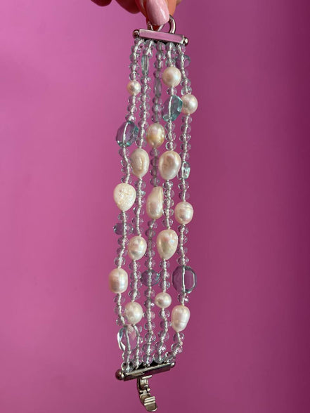 Bracciale multifili - 5 file - topazio azzurro e perle coltivate bianche