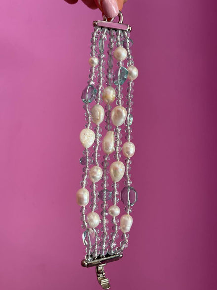 Bracciale multifili - 5 file - topazio azzurro e perle coltivate bianche