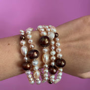 MAGNIFICO Bracciale multifili - 5 file - perle brown e rosa semiround e barocche