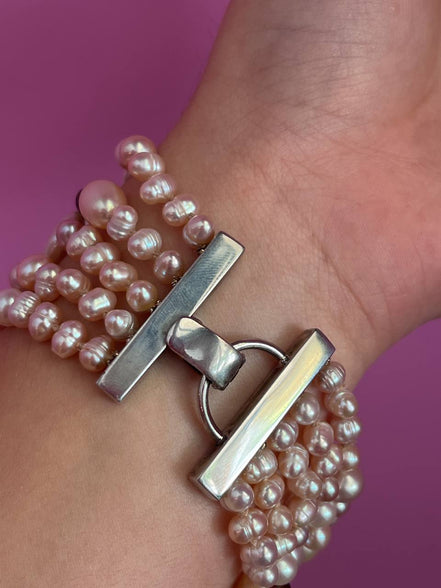 MAGNIFICO Bracciale multifili - 5 file - perle brown e rosa semiround e barocche