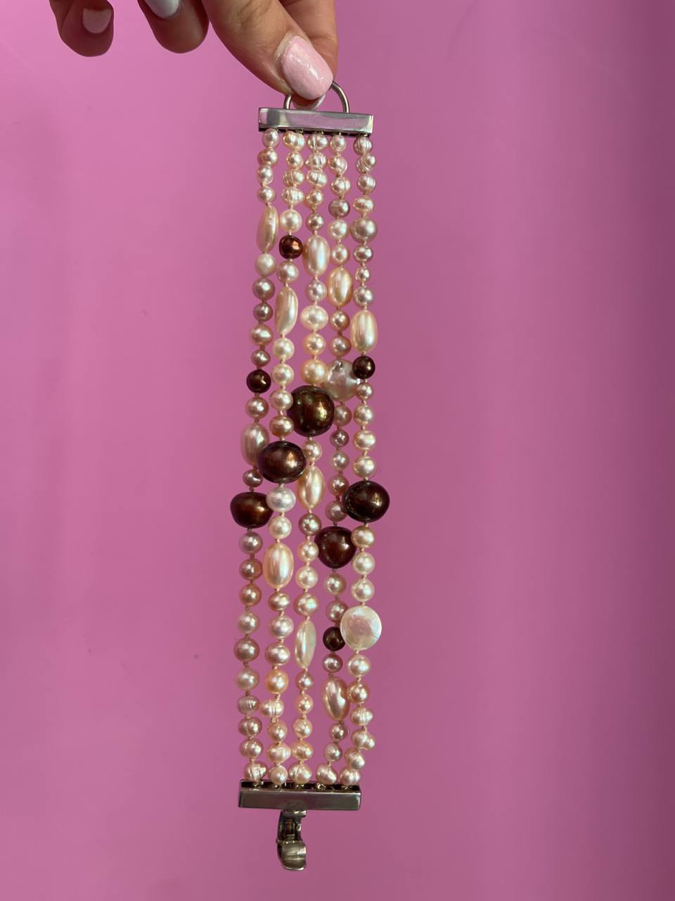 MAGNIFICO Bracciale multifili - 5 file - perle brown e rosa semiround e barocche