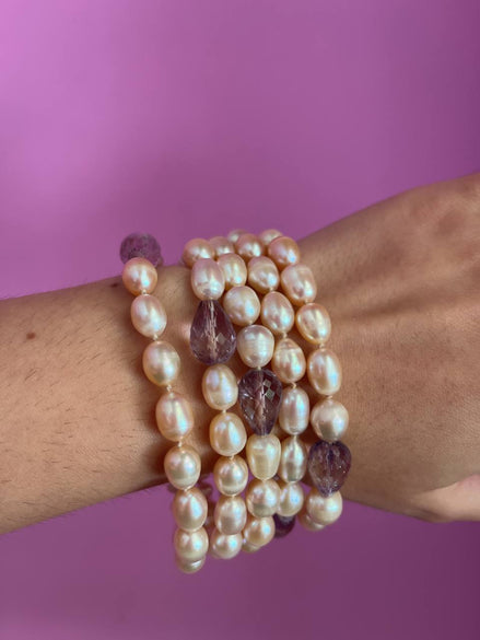 MAGNIFICO   Bracciale multifili - 5 file - ametista e perle semiround e barocche