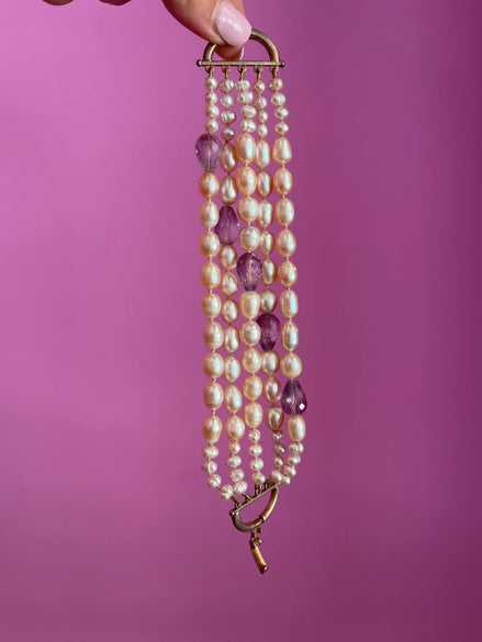 MAGNIFICO   Bracciale multifili - 5 file - ametista e perle semiround e barocche