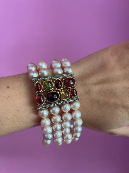 Bracciale multifili - 4 file - perle rosa semiround