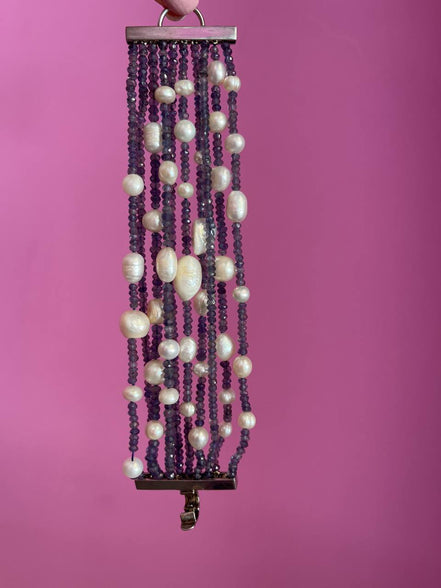 MAGNIFICO Bracciale multifili - 10 file - iolite e perle coltivate bianche