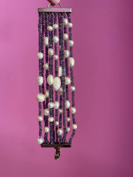 MAGNIFICO Bracciale multifili - 10 file - iolite e perle coltivate bianche